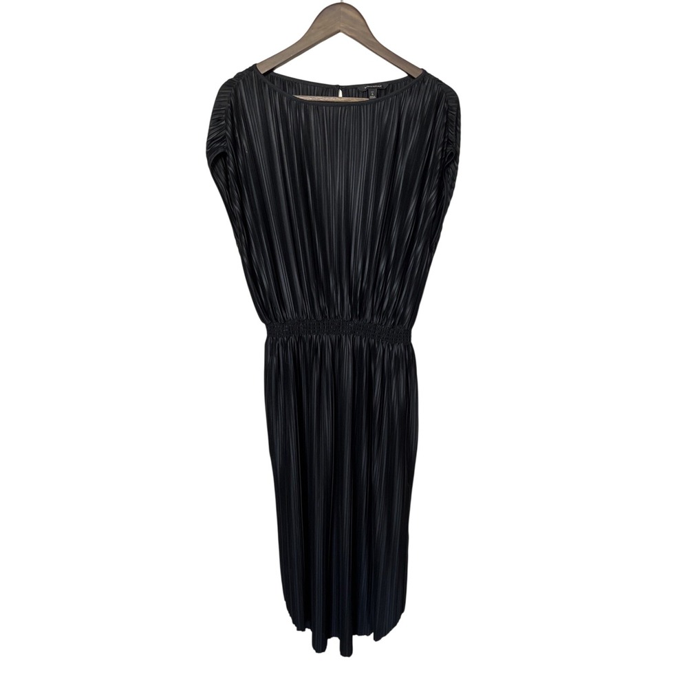 Banana Republic Gathered Pleated Black Dress Cap Sleeves Shiny Small Tall Maxi